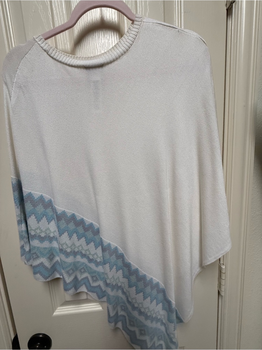 Chico's Cream Poncho with Soft Blue Geometric Border